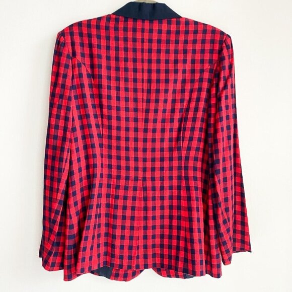 Vintage 90s Simin T Moschino Plaid Check Print Red Navy Blue Classic Blazer S - Picture 4 of 5